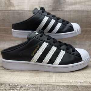 Adidas Superstar Slip On Mule Sneakers Womens 7 Black Leather White Gold Shoes